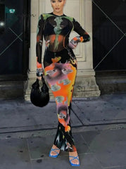 Ingvn - Print Long Sleeves Graphic Patchwork Sexy Slim Maxi Prom Dress Fall Women New Casual Streetwear Party Y2K Clothes