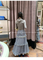 Japanese Vintage Lace Cake Skirt Plaid Edge of Fungus Skirts for Woman Summer Slim Long Dress Korean Fashion Faldas