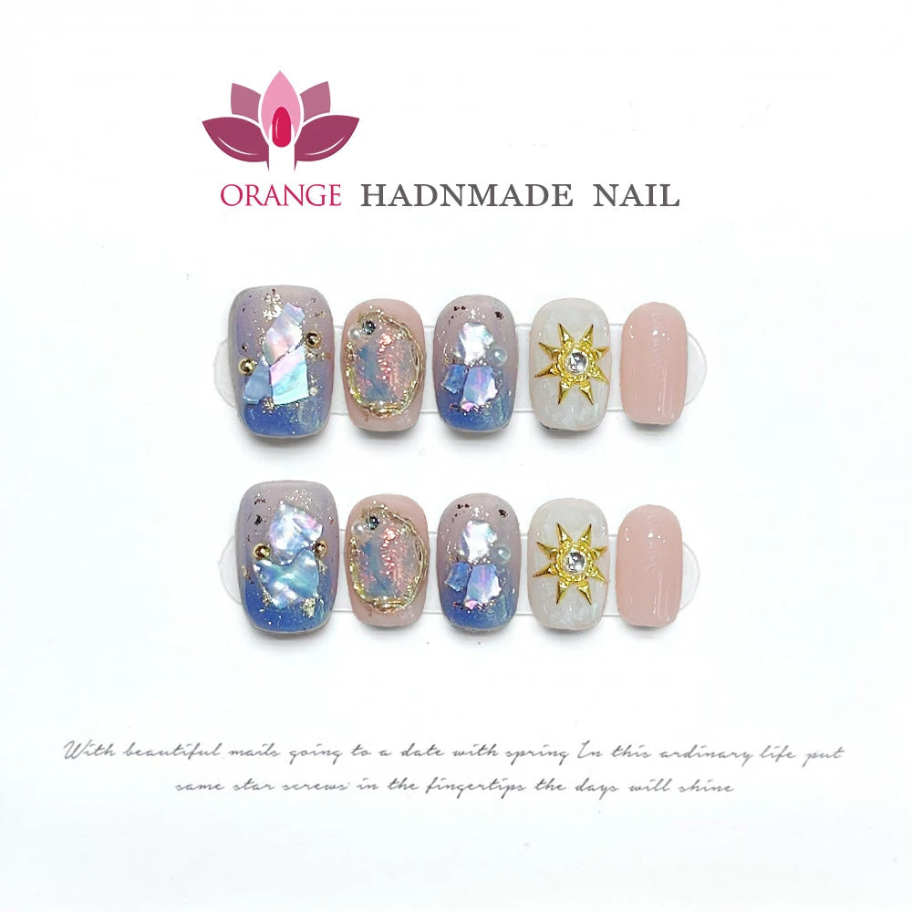 Handmade New Press On Nails Blue Baroque Premium Temperament Reusable Fake Nails Artificial Manicuree Wearable Orange Nail Store