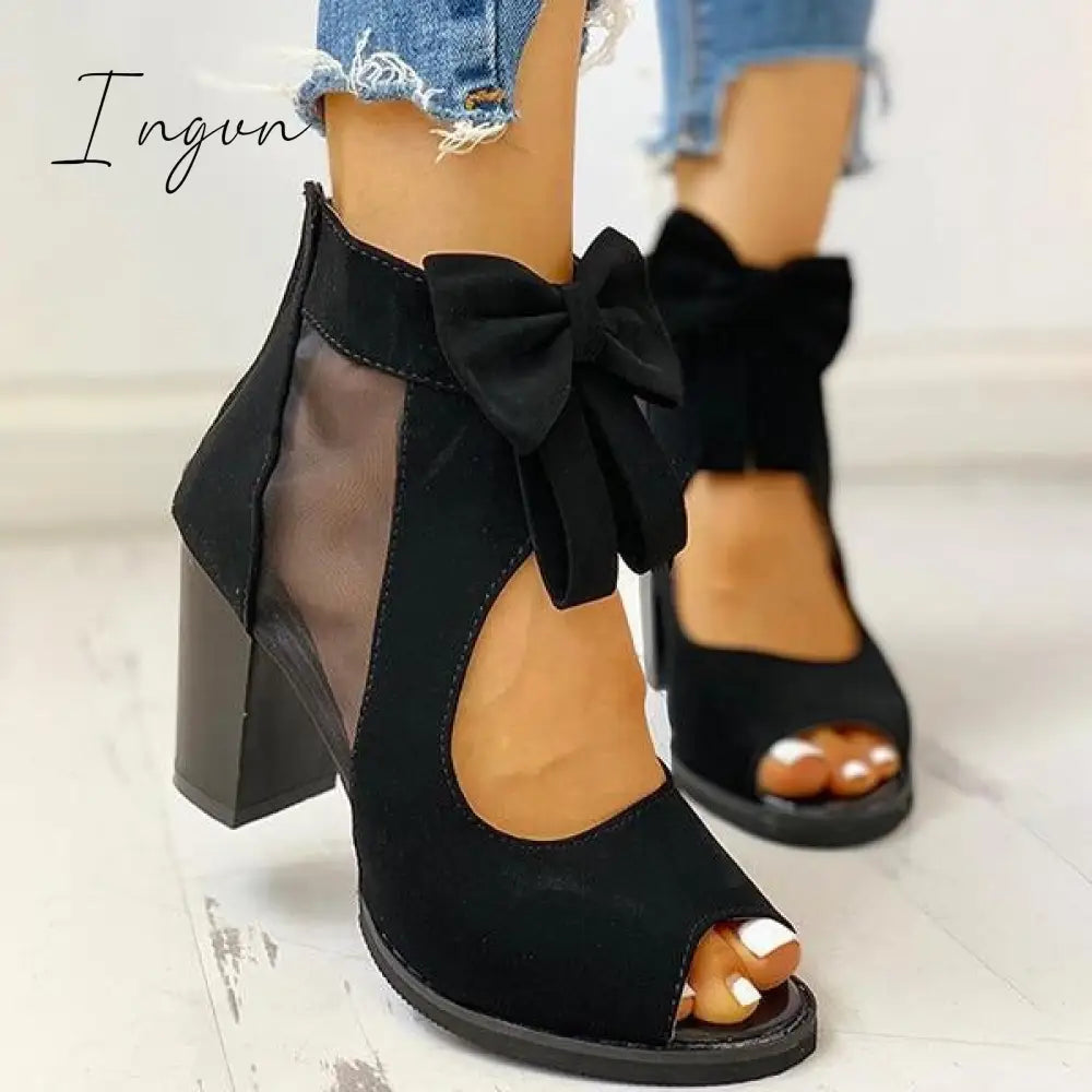 Ingvn - Peep Toe Mesh Insert Bowknot Chunky Heeled Sandals