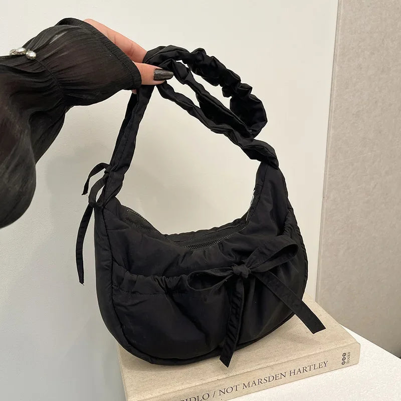 Ingvn  Popular Preppy Style Nylon Bow Hobo Bag Women Cute Pretty Pleated Shoulder Crossbody Bag Drawstring Exquisite Shoulder Bag