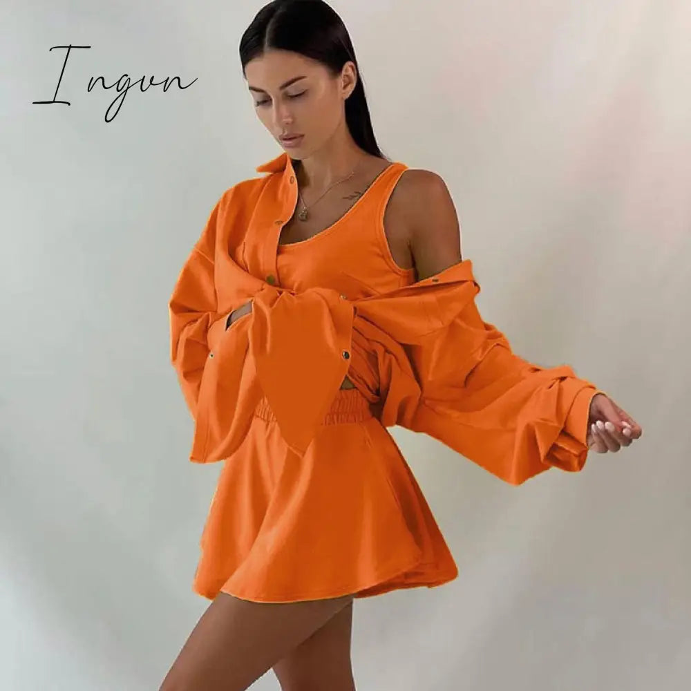 Ingvn - Tracksuit Three Piece Set Women Oversize Hoodies Sweatshirt Sweatpants Joggers Short Pant Suits Femme Outfits Sweatsuit