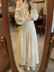 New Style High-end Long-Sleeved Dress with Exposed Shoulders and Waist for Women, Slimming A-line Dress