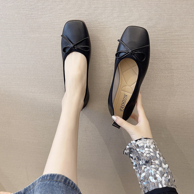 Women's bow flat shoes spring and autumn Korean style elegant shallow mouth square toe outer wear fairy style peas shoes