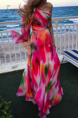 Ingvn - Fashion Patchwork Tie-dye One Shoulder Waist Skirt Dresses