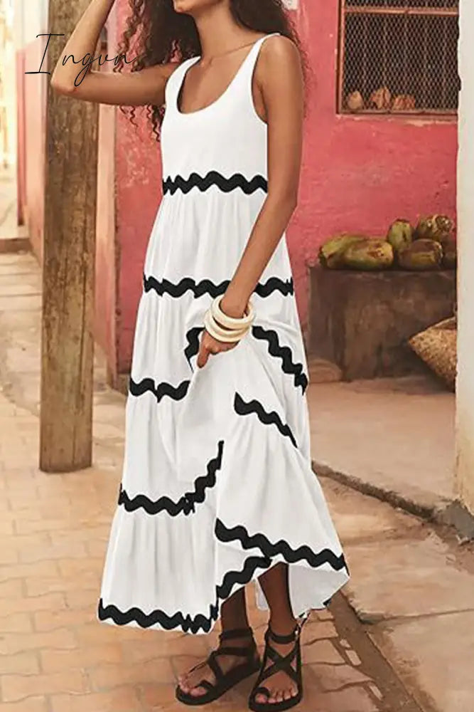 Ingvn - Sexy Simplicity Print Ripple Contrast U Neck Sleeveless Dress Dresses