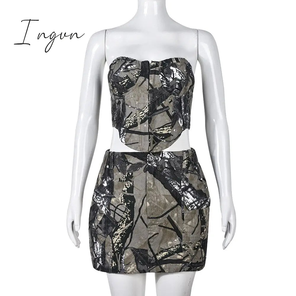 Ingvn - Casual Women Print Skirt Two Piece Set Strapless Tank Top + Mini Dress Slim Bodycon Clothes For Women Outfit