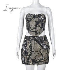 Ingvn - Casual Women Print Skirt Two Piece Set Strapless Tank Top + Mini Dress Slim Bodycon Clothes For Women Outfit