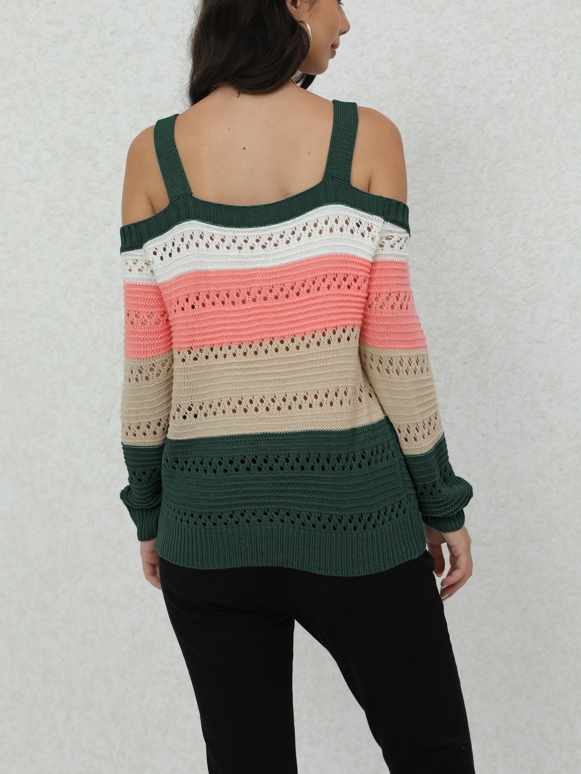 Chic Striped Long Sleeve Cold Shoulder Sweater - Soft, Cozy, Relaxed Fit Pullover for Women - Casual, Versatile, and Comfortable Winter Clothing