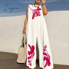Ingvn - Summer Women Casual O-Neck Sleeveless Tank Playsuits Fashion Pattern Print Wide Leg Jumpsuit Office Lady Loose One Piece Rompers