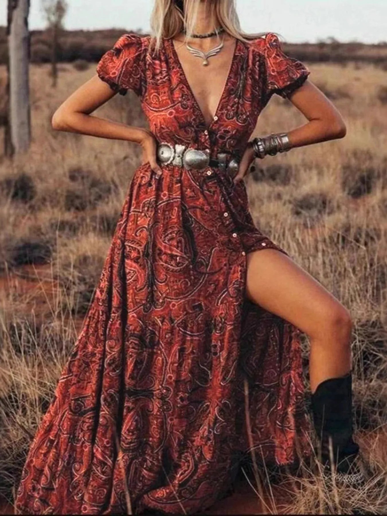 Full Size Printed Puff Sleeve Maxi Dress Plus Size