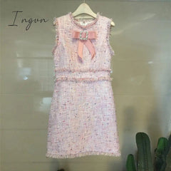 Ingvn - Designer Women Tweed Party Vest Dress Women's Autumn Winter Pink Diamonds Bow Tassel Luxury Sleeveless Slim Dress