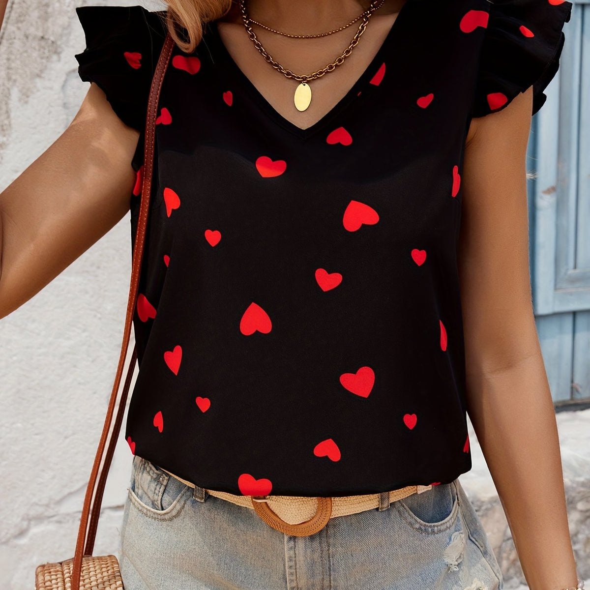 Heart Print Ruffle Trim Blouse, Casual V-neck Blouse For Spring & Summer, Women's Clothing