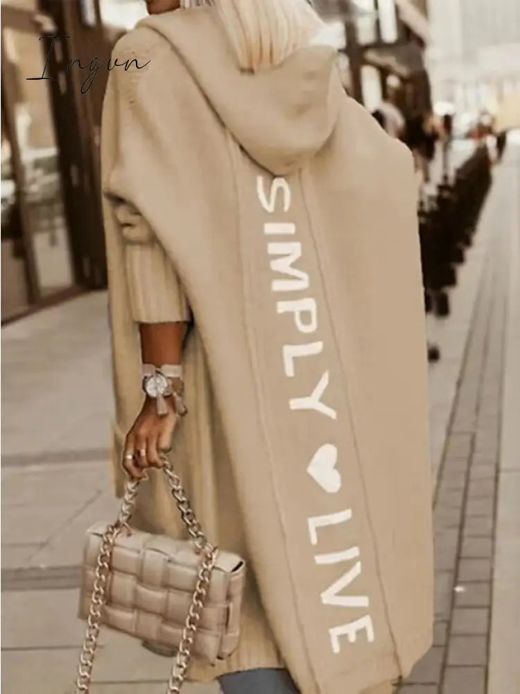 Ingvn - Women's Cardigan Knitted Letter Personalized Stylish Casual Long Sleeve Regular Fit Sweater Cardigans Hooded Fall Winter Gray Camel White