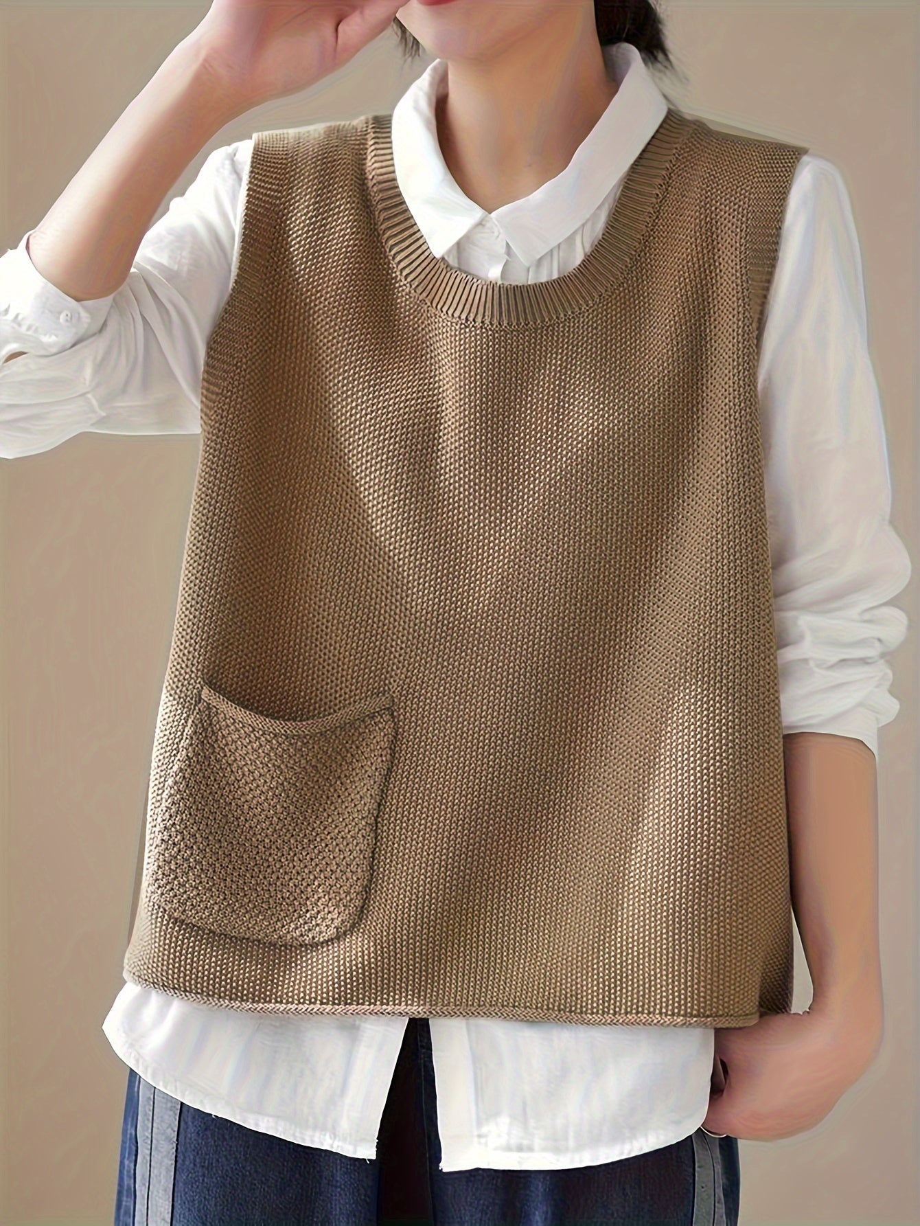 Women's Crew Neck Knit Vest - Casual Sleeveless Spring/Fall Sweater with Pocket, Easy-Care, Comfort Fit