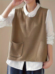 Women's Crew Neck Knit Vest - Casual Sleeveless Spring/Fall Sweater with Pocket, Easy-Care, Comfort Fit