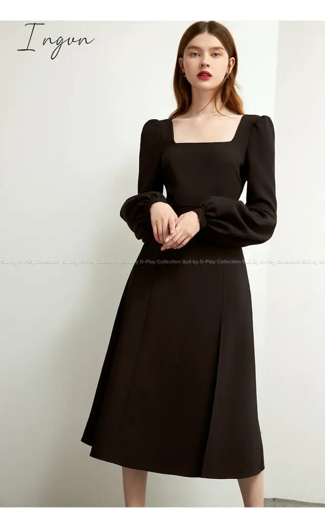 Ingvn - Black Retro Split Dress Women Elegant Midi Designer Dress Female Long Sleeve Hepburn Style Chiffon Vintage Dress Fall  Women