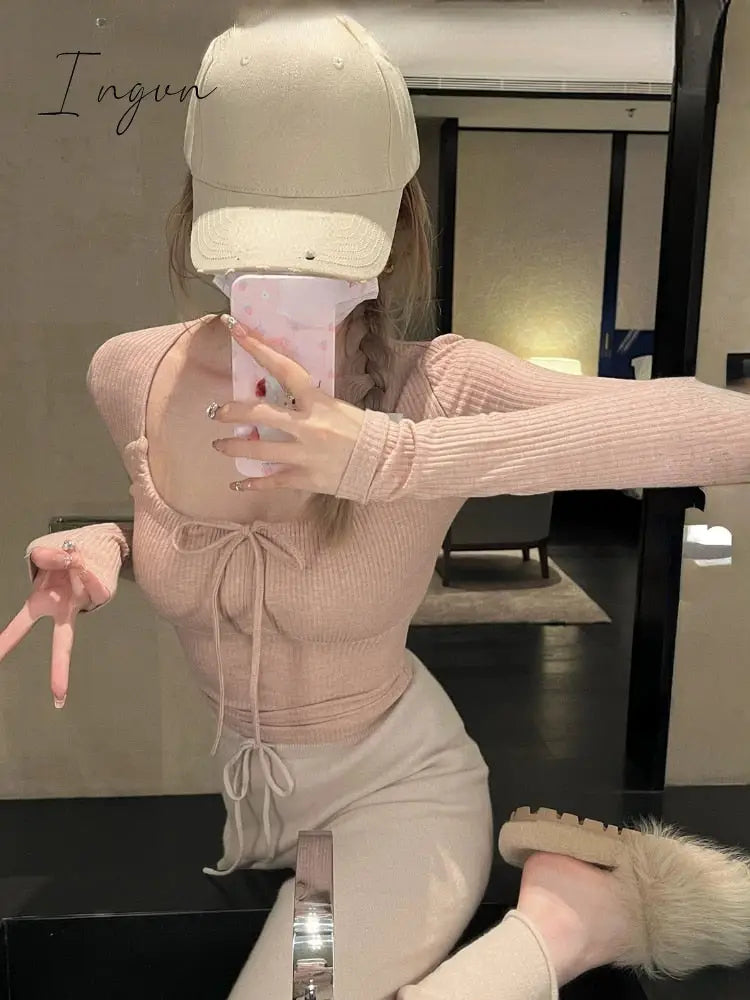 Ingvn - 2023 Spring Bodycon Slim Y2k Crop Tops Casual Basic Korean Fashion Pullover Woman Design Long Sleeve Elegant Clothing Female