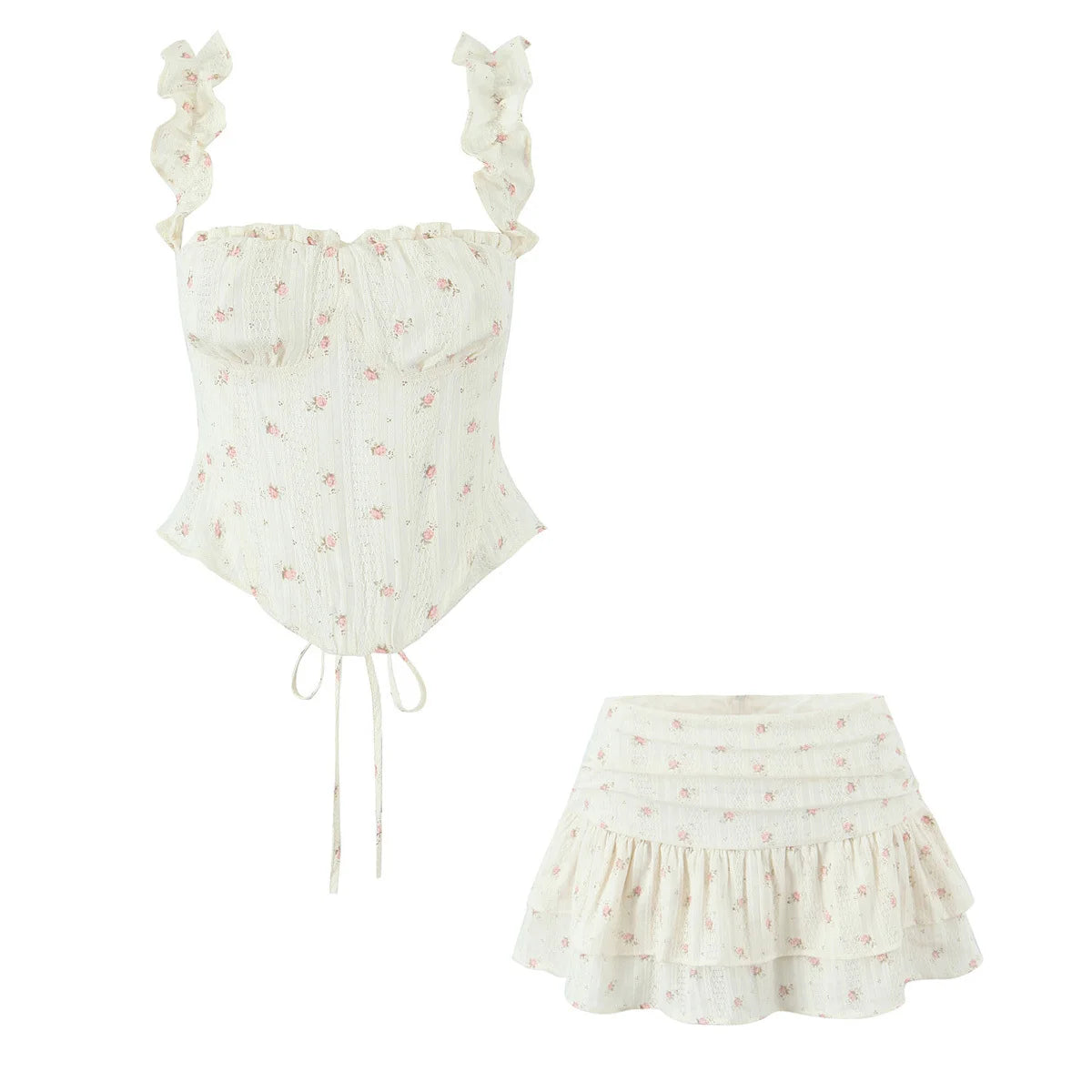 Sweet Girl Floral Print Layer Cake Mini Skirt Women Pleated Sexy Low Waist A-line Holiday Summer Skirts
