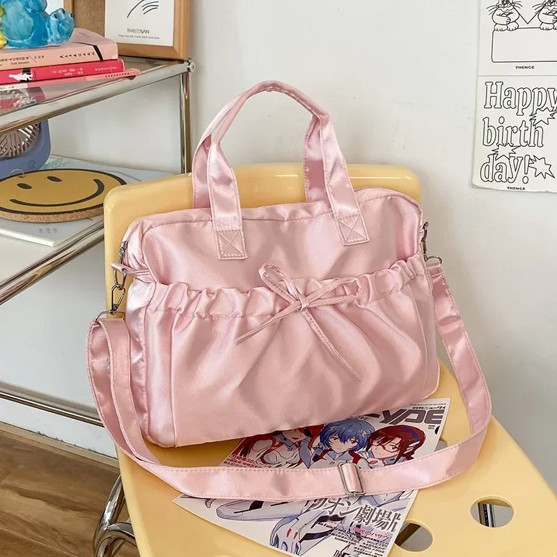 Ingvn  Cute Elegant Womens Shoulder Bag Pink Pleated Bow College Style Tote Bag Aesthetic Literary Casual Daily New Ladies Handbag