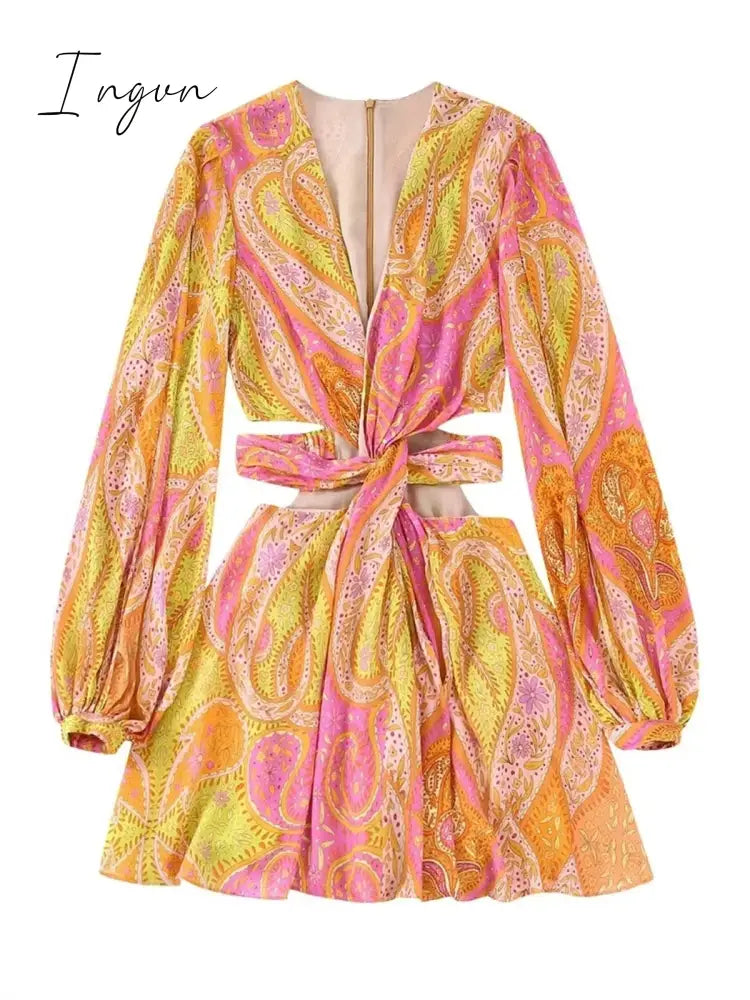 Ingvn - 2023 Summer Women Elegant With Print Hollow Out Mini Dress New Pleated Full Sleeves Tied V-Neck Back Zippers Vintage Vestidos
