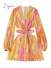 Ingvn - 2023 Summer Women Elegant With Print Hollow Out Mini Dress New Pleated Full Sleeves Tied V-Neck Back Zippers Vintage Vestidos
