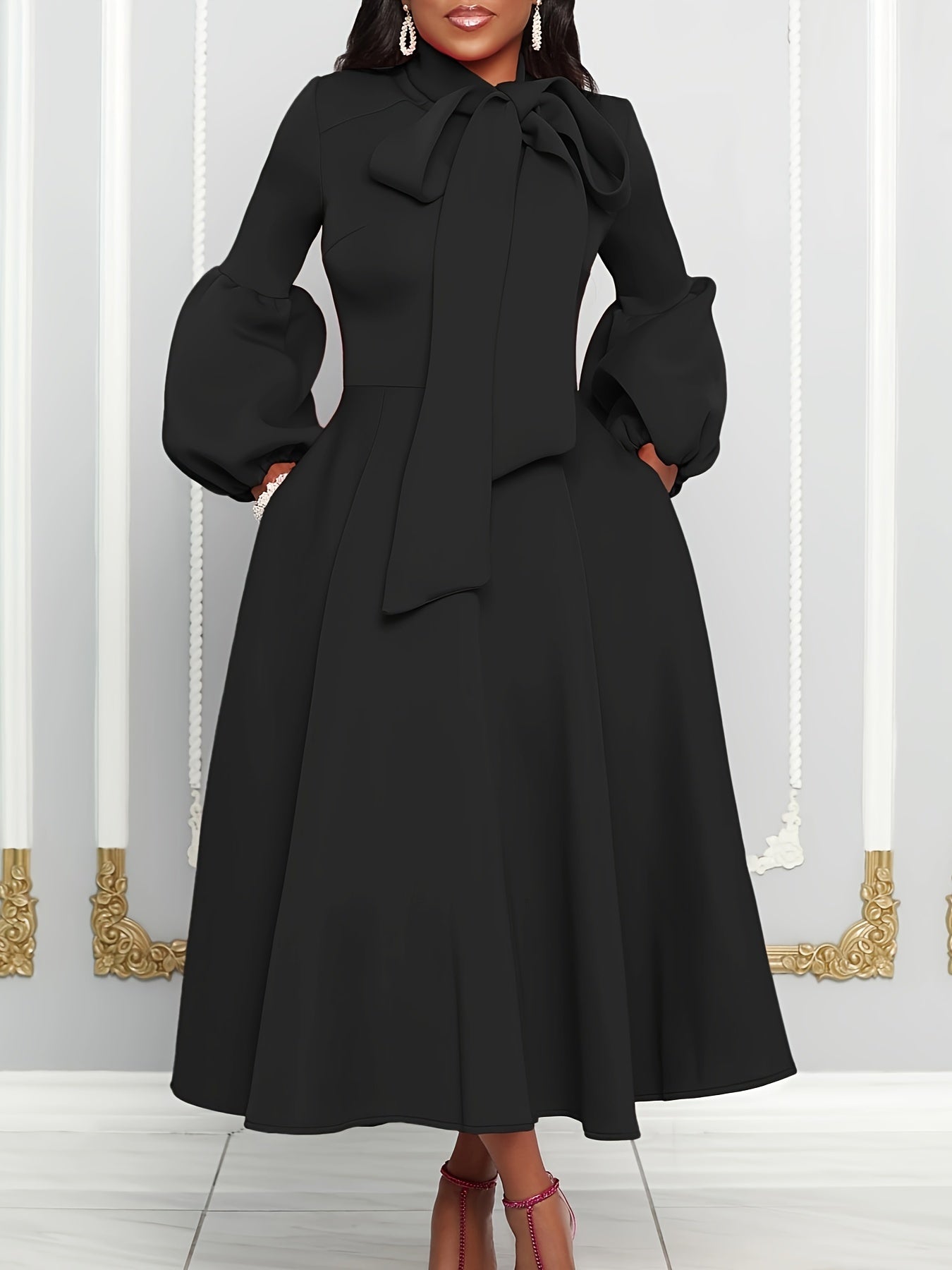 Solid Color Tie Neck Aline Dress, Elegant Ruffle Trim Lantern Sleeve Dress For Spring & Fall, Women's Clothing