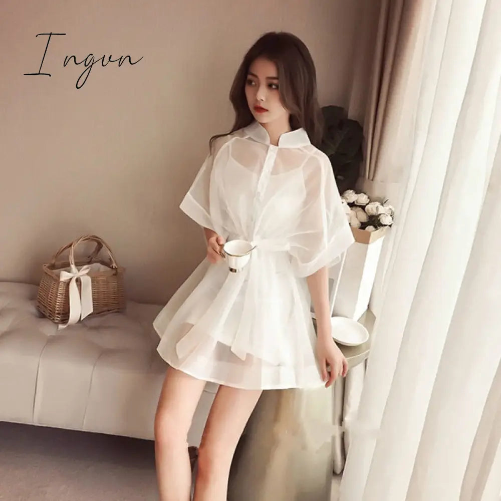 Ingvn - Summer Outfits Summer Two-piece Set Mini Dress Women Korean Short Sleeve Stand Organza Belt Single-breasted T-shirt Dresses + Cotton Base Shirt