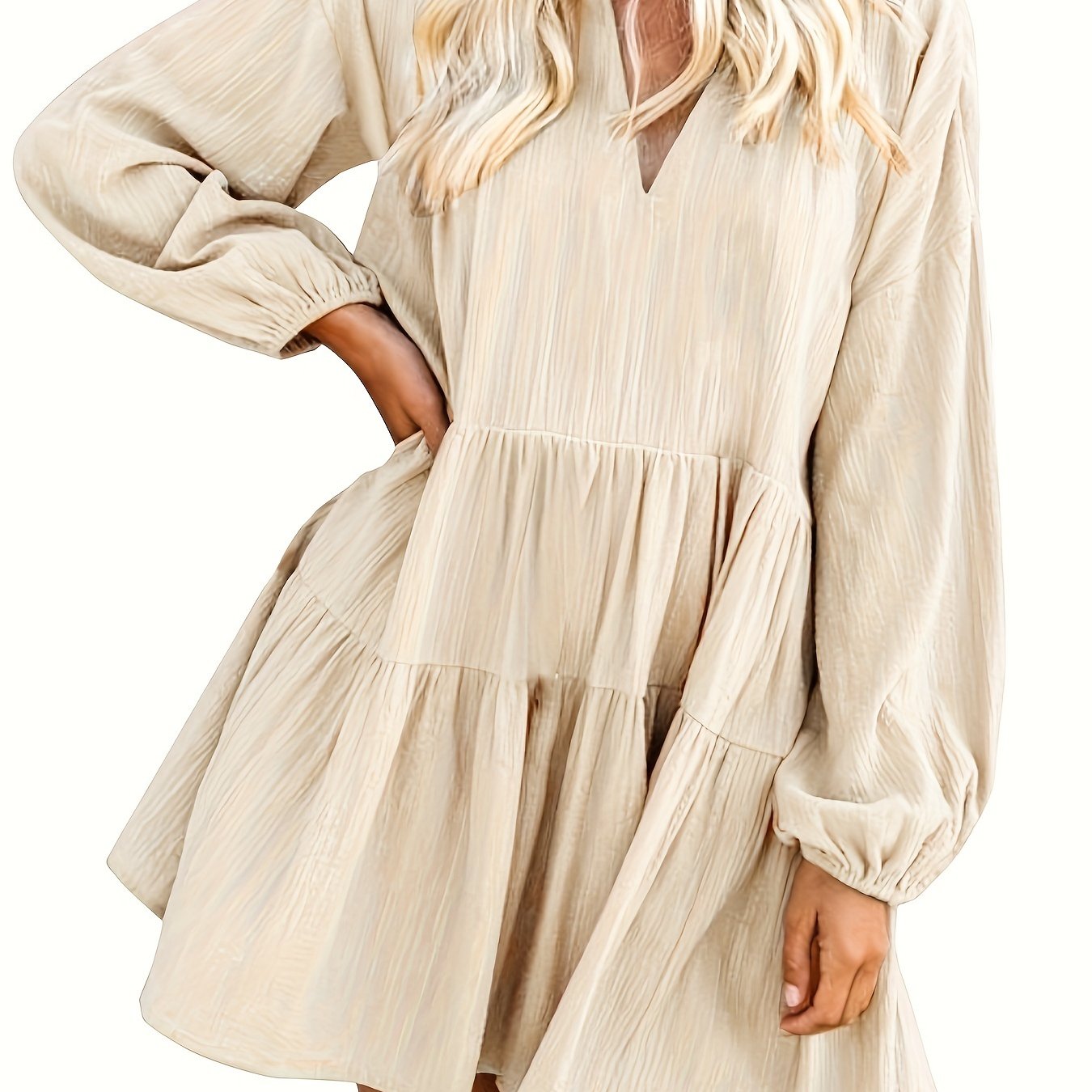 Long Sleeve Solid Color V Neck Loose Babydoll Dress, Casual Ruffle Hem For Spring & Fall, Women's Clothing