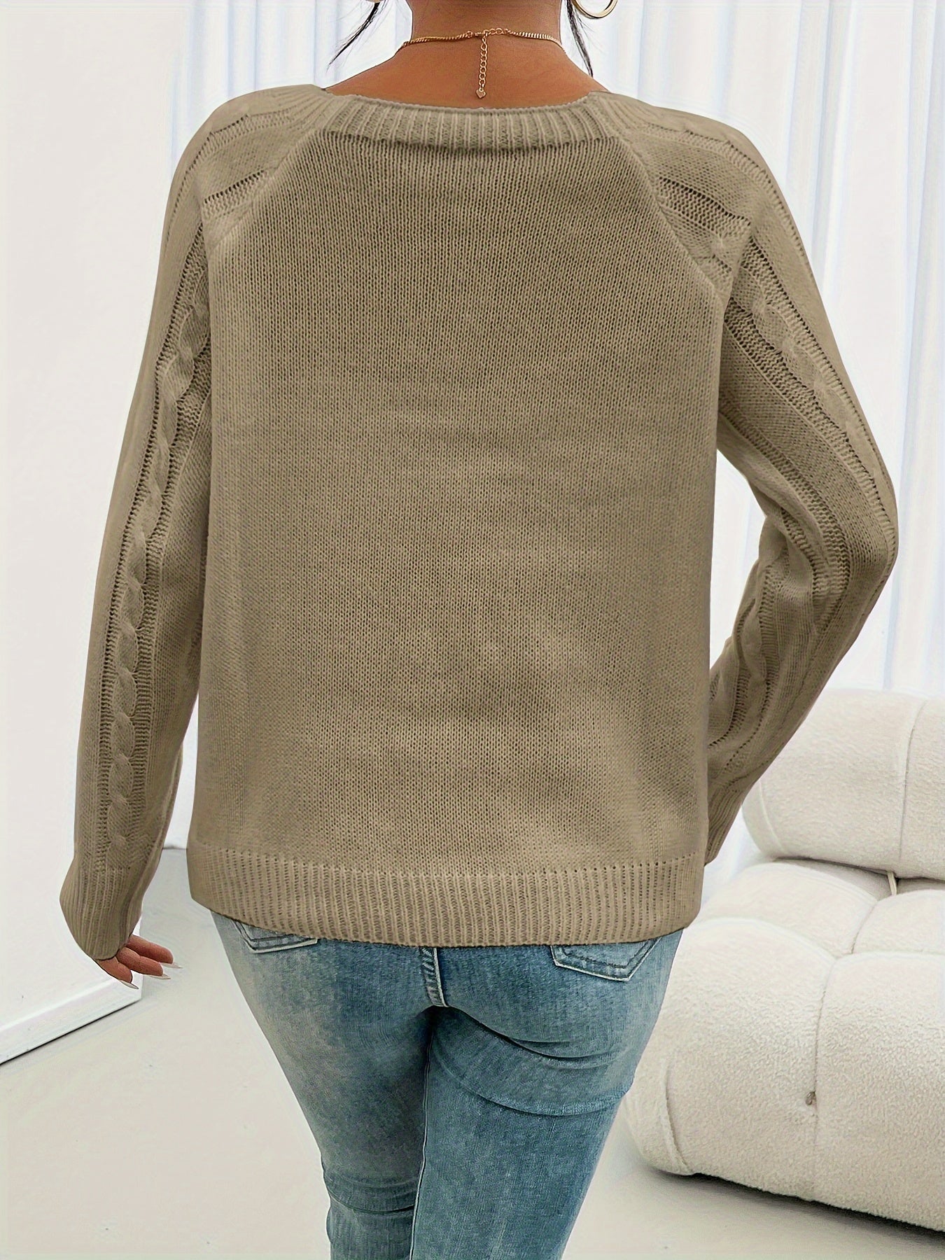 Long Sleeve Cable Knit Sweater, Casual Crew Neck Sweater, Women's Clothing