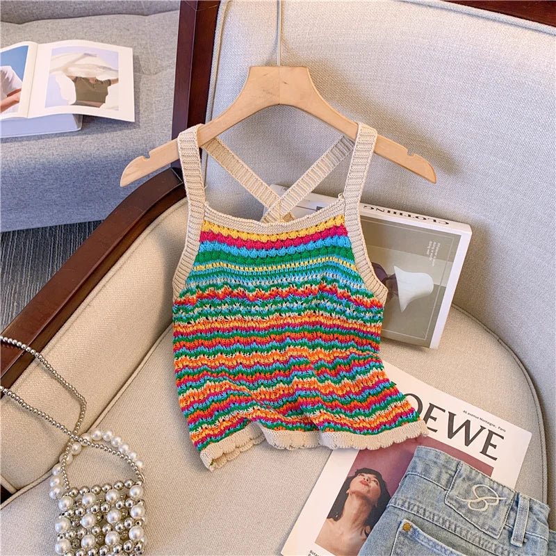 Bohemian Striped Knitted Camisole Vest For Women's summer Contrasting Spaghetti Strap Short Top Seaside Vacation T-shirt