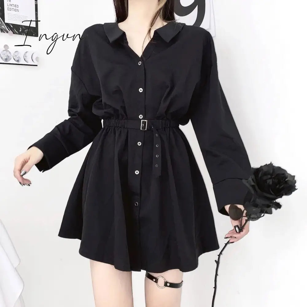 Ingvn - Women dress demon girl original black spring and autumn sexy high waist femme dress shoulder long sleeve gothic dress A085