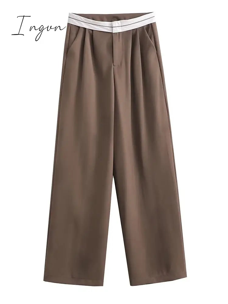 Ingvn - 2023 Women Fashion Side Pockets Patchwork Straight Pants Vintage High Waist Zipper Fly Female Casual Trousers Mujer