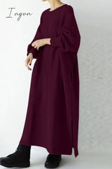 Ingvn - Casual Solid Slit O Neck Long Dress Dresses