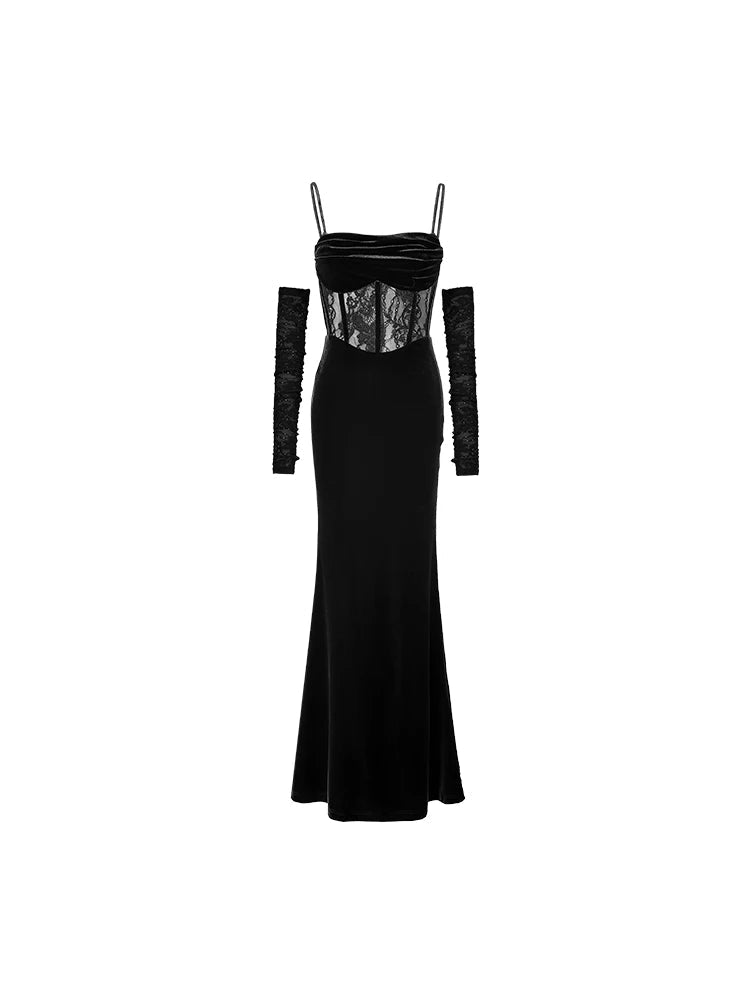 Vintage Sexy Hollow Out Bodycon Spaghetti Strap Long Dresses for Women Elegant Party Prom Velvet Female Clothing Holiday Robe