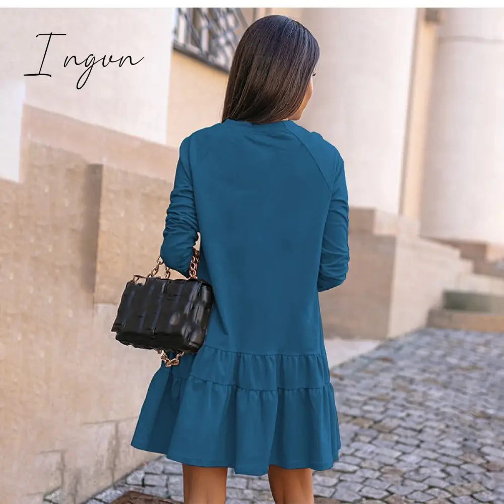 Ingvn - New Spring Autumn Dress Women Elegant O-Neck Long Sleeves Multi-layer Ruffles Hem Solid Party Dresses Casual Slim Vestidos
