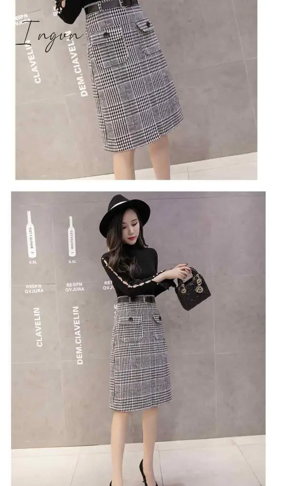 Ingvn - With Belt Autumn and Winter Houndstooth Skirt Women's Split Long Woolen Tartan Skirt Woman Skirts Mujer Faldas Saias Mulher