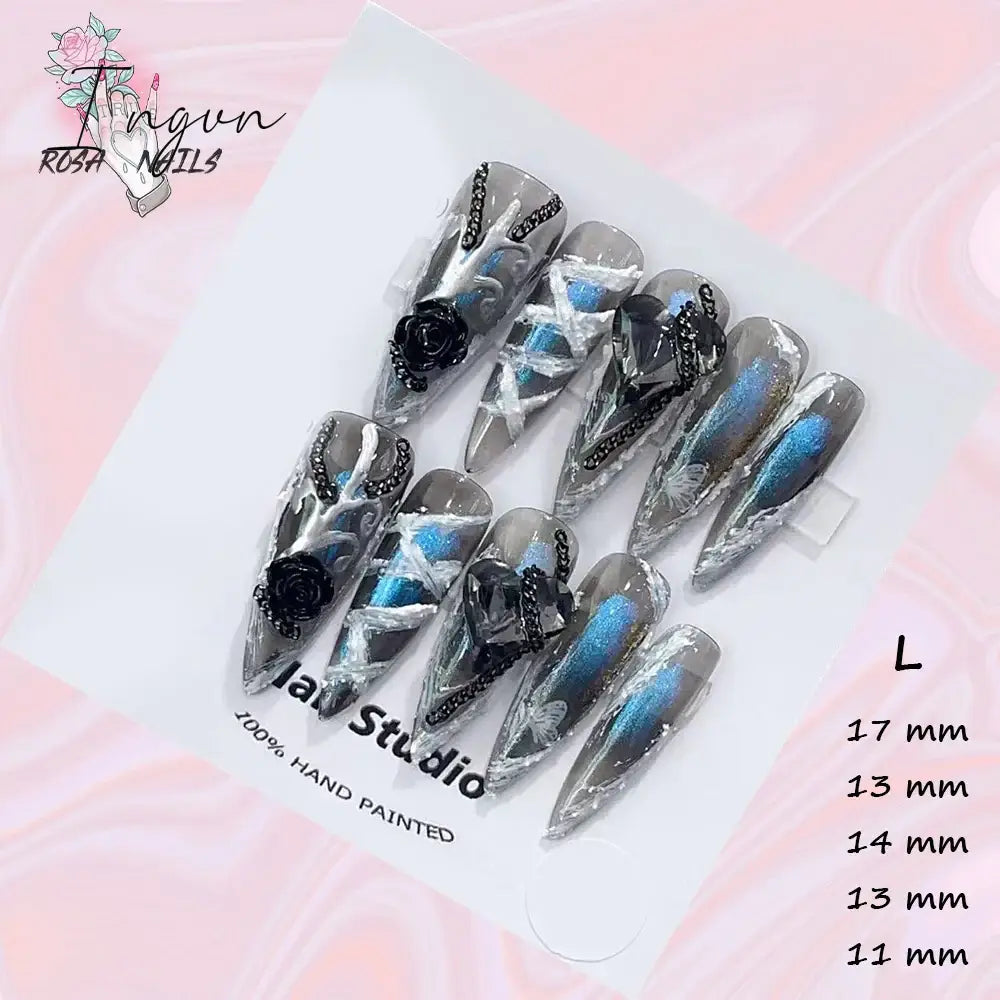 Punk Dragon Charms Press on Nail Artificial Long False Nails XS Black Dragons Goth Presson Tips Butterfly Fake Nail y2k Pressons
