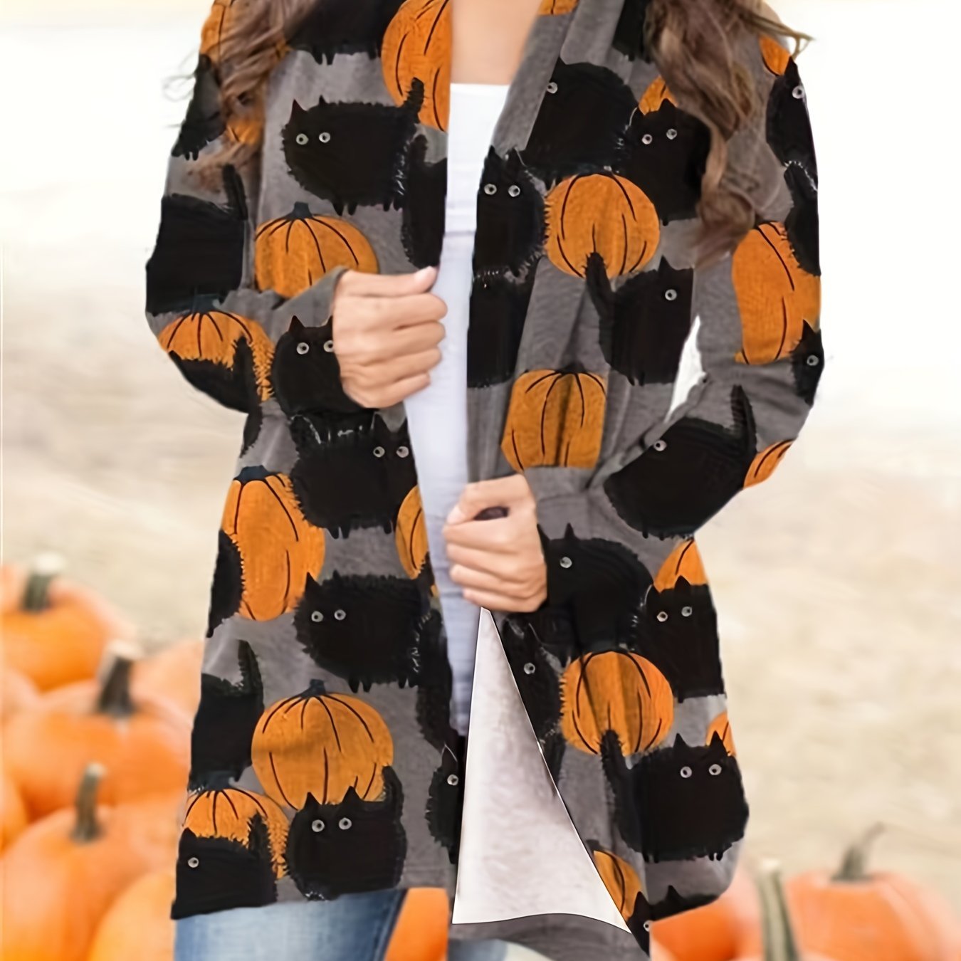 Halloween Pumpkin Pattern Cardigan, Casual Open Front Long Sleeve Cardigan For Spring & Fall, Women's Clothing