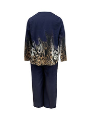 Plus Size Casual Outfits Set, Women's Plus Colorblock Leopard Print Long Sleeve Round Neck Top & Pants Outfits Two Piece Set