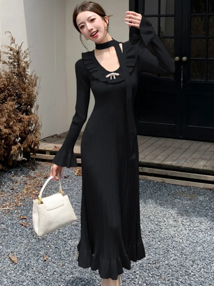 Vintage Solid Knitted Dresses for Women Elegant Bodycon Chic Flare Sleeves Ruffles Casual  Female One Piece Office Vestidos Robe