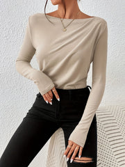 Womens Classic Solid Boat Neck T-Shirt - Stylish Long Sleeves for Spring & Fall - Versatile Casual Top - Premium Quality Wardrobe Staple
