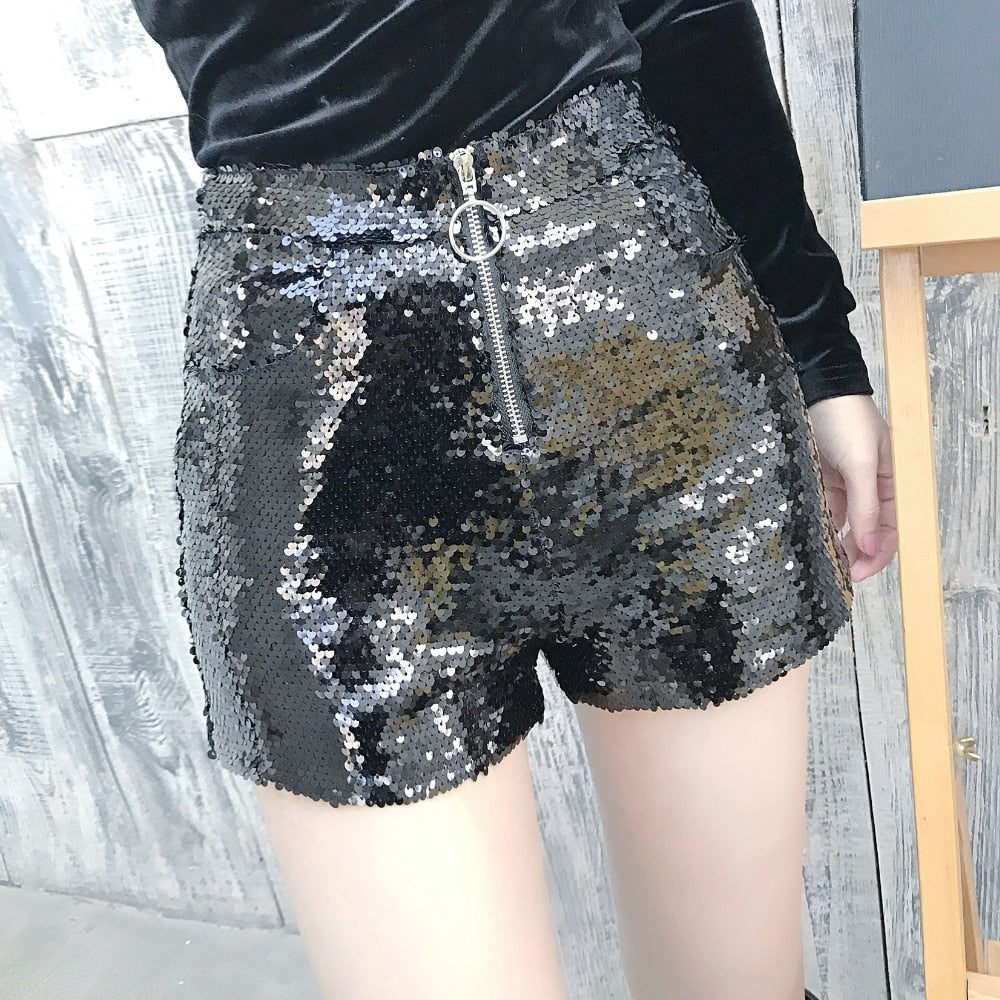 Sexy Women Sequin Shorts Summer High Waist O-Ring Zip Bodycon Shorts Feminino Skinny Party Club Festival Raves Pole Dance Shorts