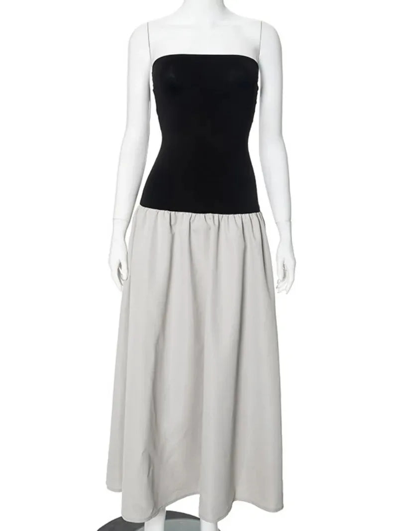 Ingvn  Woman Clothing Vintage Strapless Print Patchwork A-line Holiday Dress Female Sexy Sleeveless Black Long Party Evening Dresses