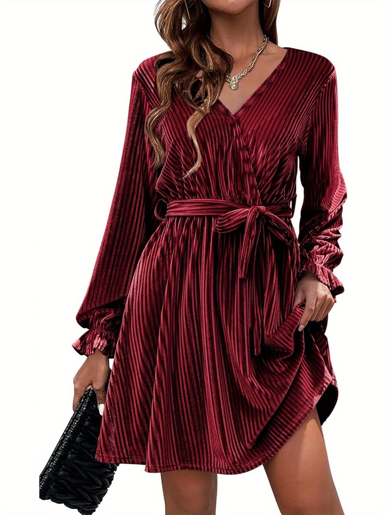 Womens Wedding Guest Dresses V Neck Wrap Dress with Belt Ruffle Lantern Sleeve Velvet Wrap Dresses