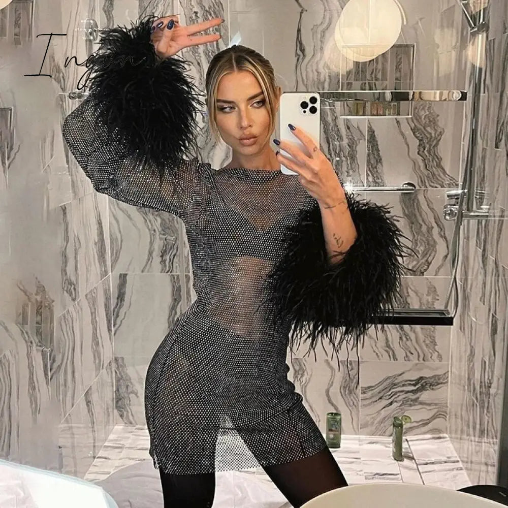 Ingvn - Round Collar See Through Dress Women Sexy Long Sleeve Elegant Female Clubwear Solid Mesh Tassel White Feather Mini Dress