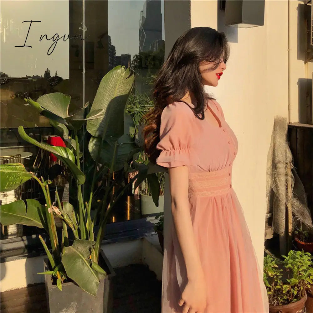 Ingvn - New Summer Mesh Dress Female V-neck Short Puff Sleeve A-line Women Dress Slim Korean Style Mesh Elegant Vintage Vestidos