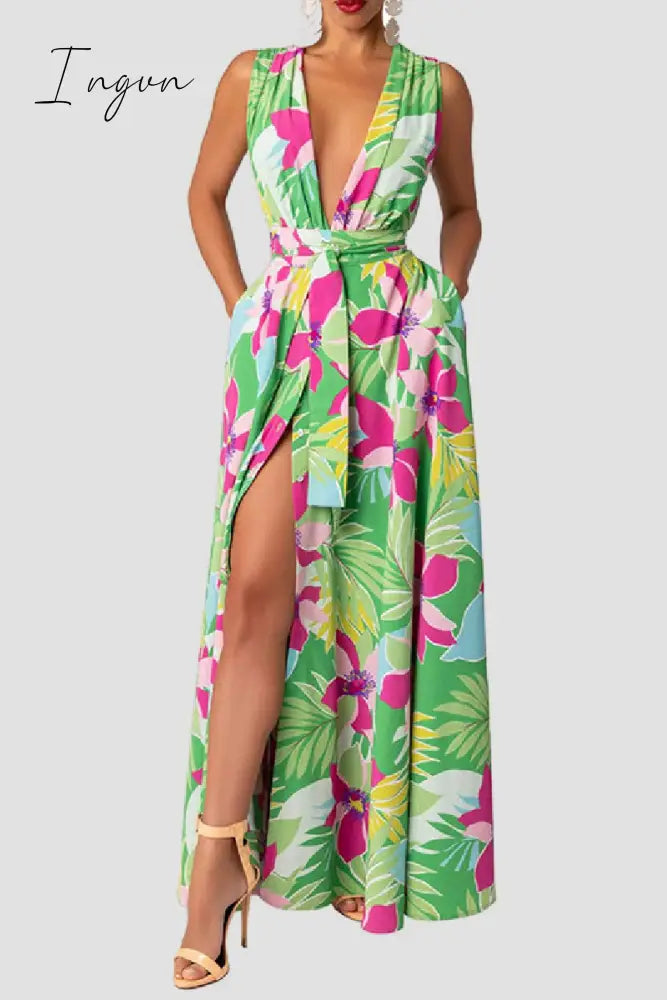 Ingvn - Casual Print Patchwork Slit V Neck Long Dress Dresses