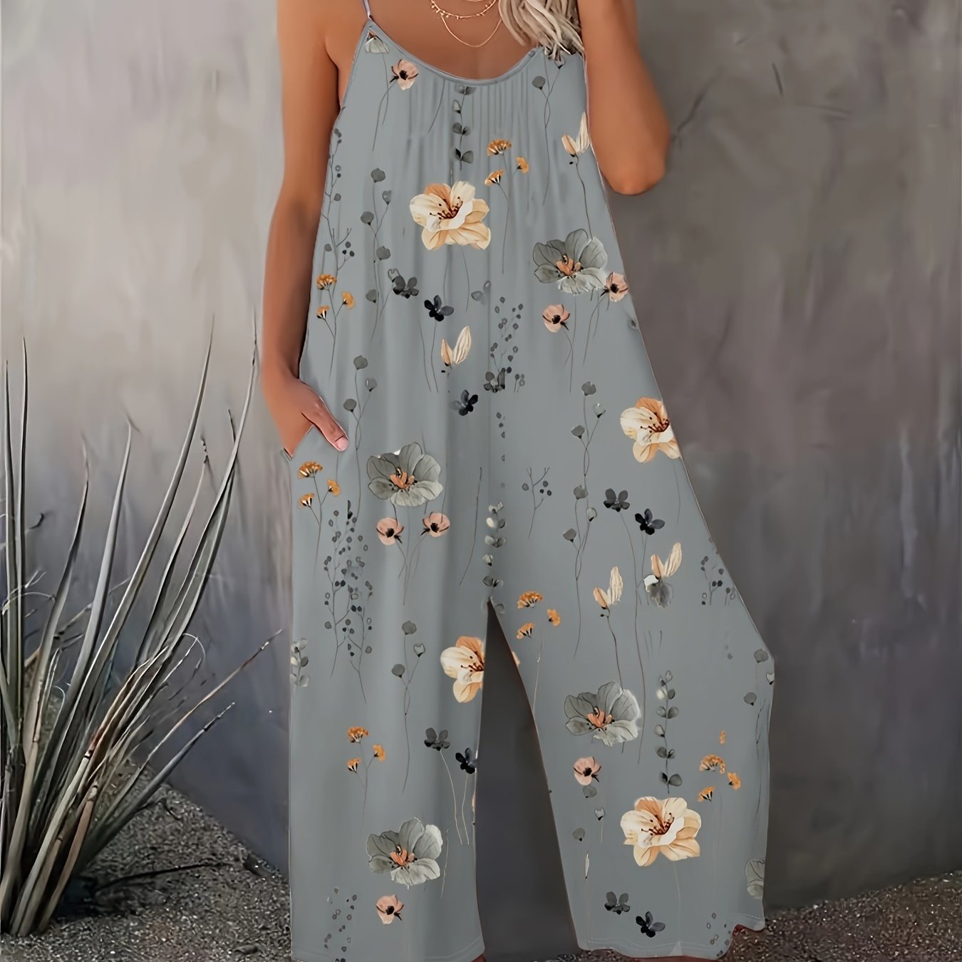 Floral Print Cami Jumpsuit, Casual Sleeveless Jumpsuit With Pockets For Spring & Summer, Women's Clothing
