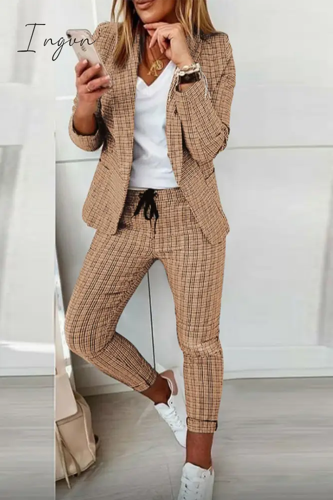 Ingvn - Casual Street Plaid Split Joint Turndown Collar Long Sleeve Two Pieces(4 Colors)